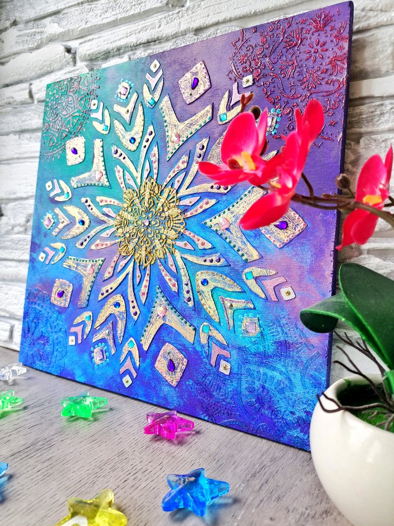 Mandala of Truth about Oneself Original texture painting wall decor Zentangle - Wall Décor - Wood Blue