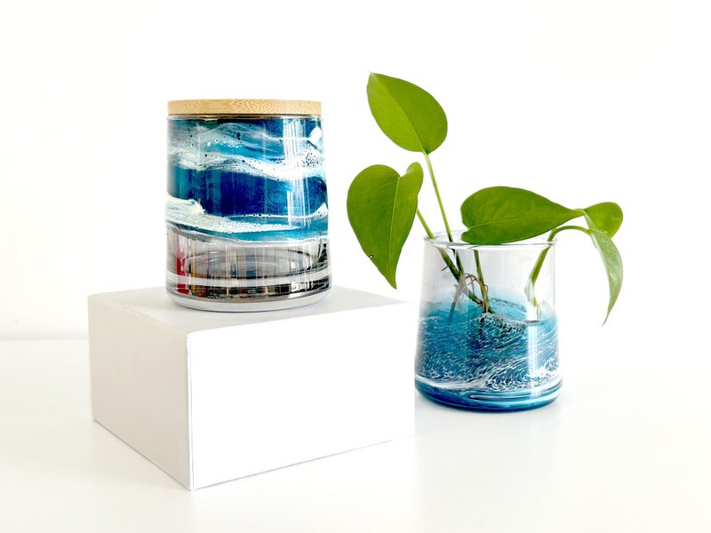 Glass Jar, Plant Holder, Resin Ocean Painting, Wedding Gift, Home Gift - ของวางตกแต่ง - แก้ว สีน้ำเงิน