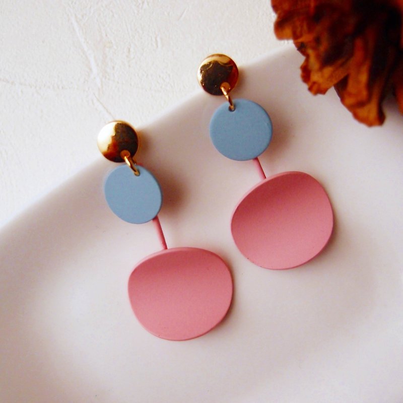 geometry. Double round - round clip-on, pin earrings. Stainless steel ear pin - Earrings & Clip-ons - Other Metals Pink