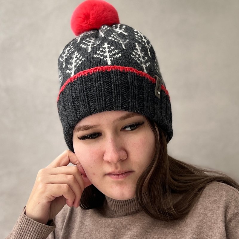 Warm knitted pompom hat | レディース帽子 - 帽子 - 其他材質 灰色