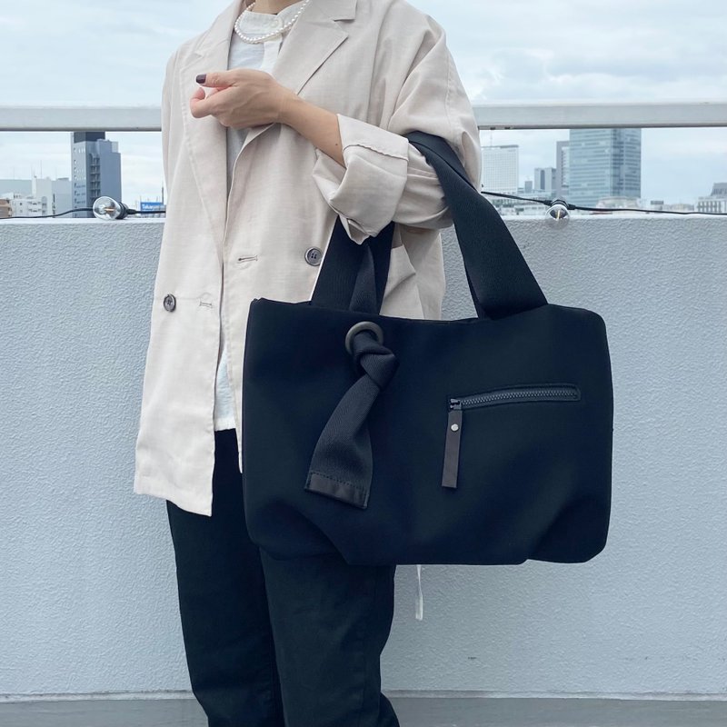 [M Size] Airy Neoprene-like Material Large Tote in Black. Customizable with Name & Crossbody Strap Options. - Handbags & Totes - Other Materials Black