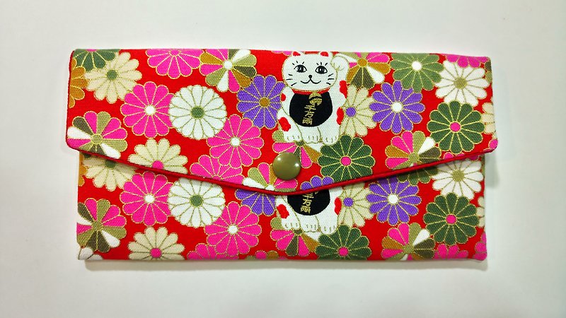 Lucky double red envelope bag / passbook storage bag (09 marigold and Lucky cat) - กระเป๋าสตางค์ - ผ้าฝ้าย/ผ้าลินิน สีแดง