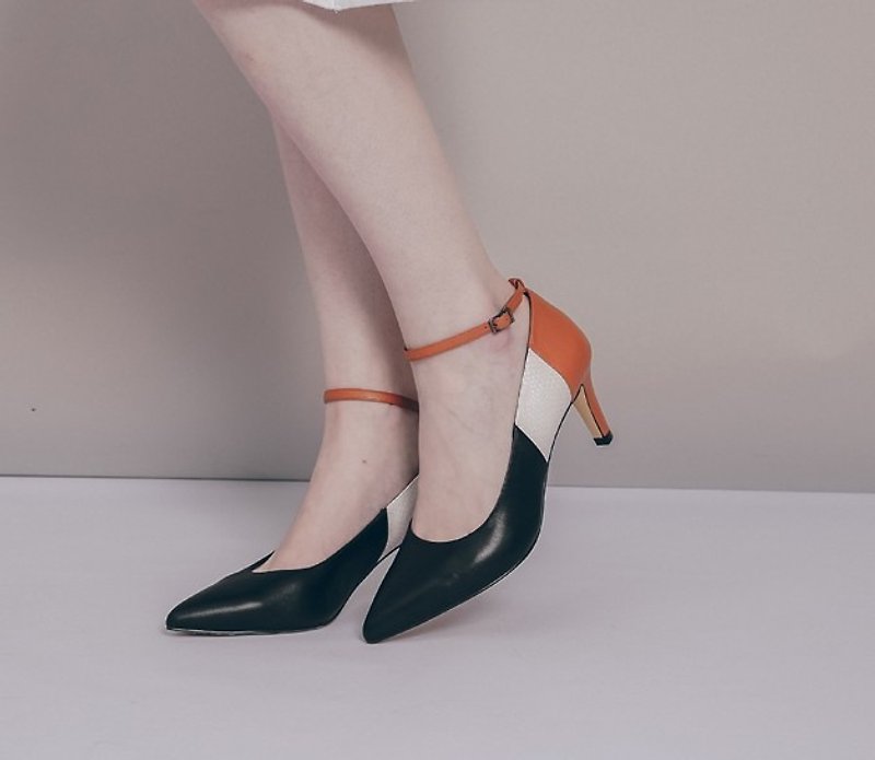 Hit color stitching detachable lace with high heels black apricot orange - รองเท้าส้นสูง - หนังแท้ สีดำ