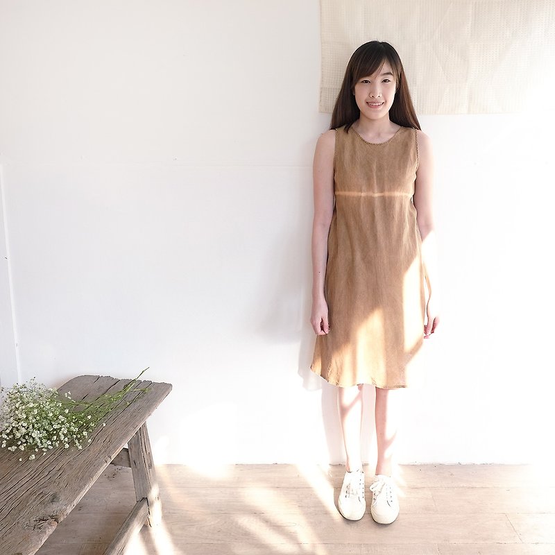 Natural Dyed Thai Saloo Cotton Knee Length Dresses Tan Color - One Piece Dresses - Cotton & Hemp Brown