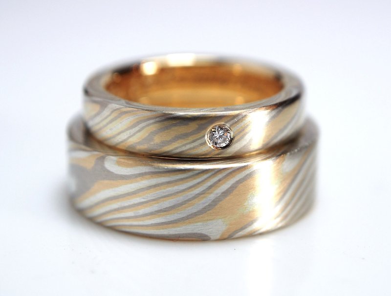 Mumu gold wedding ring/K gold diamond/Mumu gold ring/Wood grain gold/Customized wedding ring - Couples' Rings - Precious Metals Gold