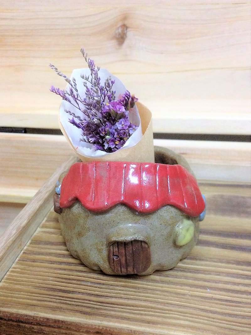 赤い屋根の妖精の森小屋モデリング花 - 観葉植物 - 陶器 多色