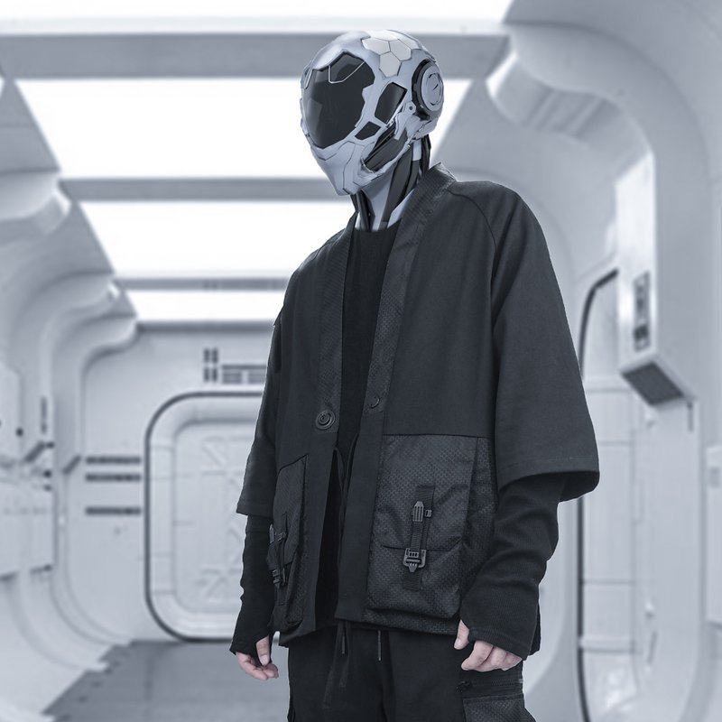 機能潮牌日系道袍 拼接潮流夾克 休閒寬松七分開衫外套 - 男夾克/外套 - 聚酯纖維 黑色