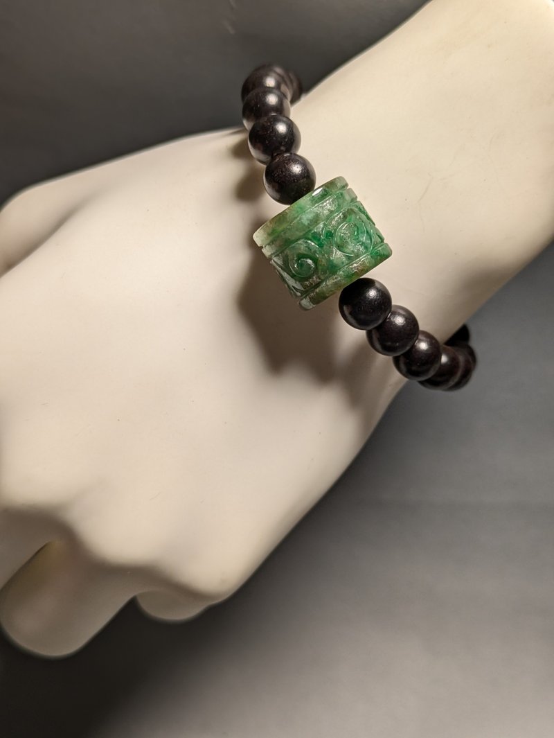 天然緬甸三彩大桶珠翡翠 檀木串珠 手工製 手鍊 - 手鍊/手環 - 其他材質 綠色