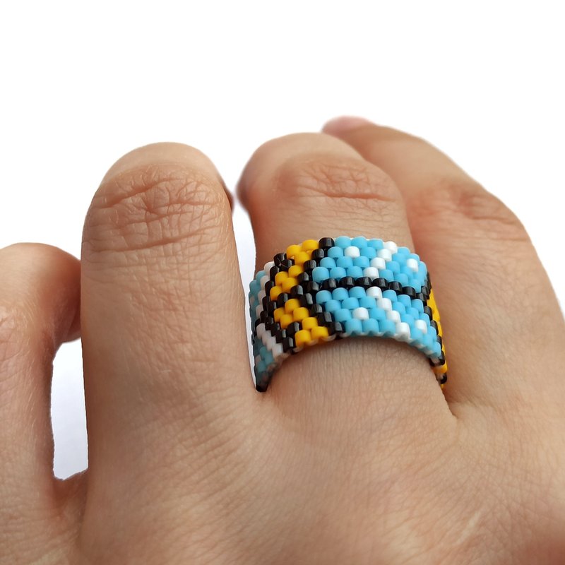 Geometric design bead ring Handmade jewelry Wide flexible ring Yellow,Blue beads - General Rings - Glass Yellow