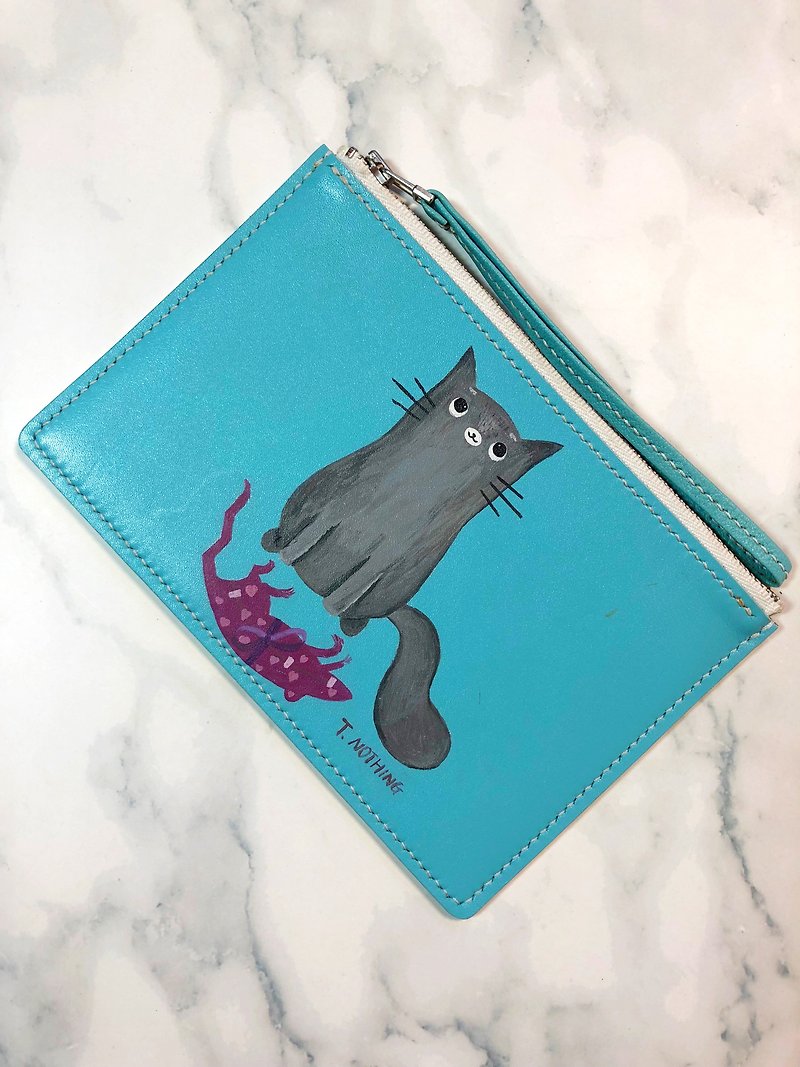 Hand-painted pattern capable cat leather coin purse | mobile phone bag | small wallet | clutch bag - Clutch Bags - Genuine Leather Blue