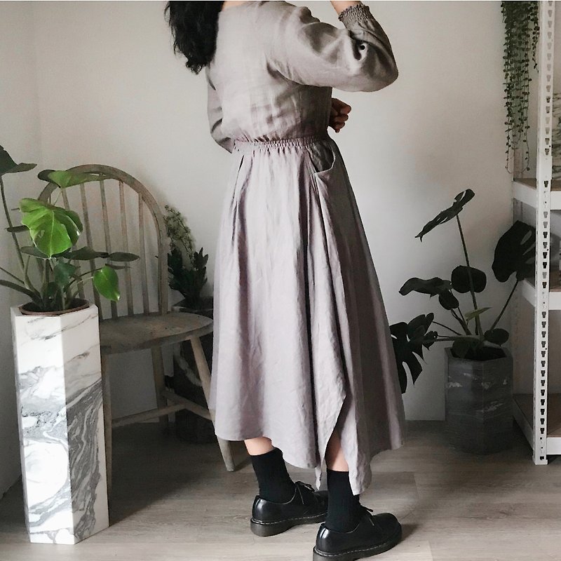 【ドレス06】スクエア傘スカート薄手の伸縮性ドレス - ワンピース - コットン・麻 カーキ