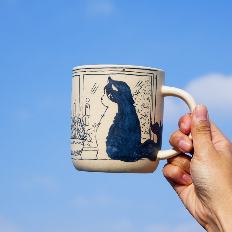 Ceramic Coffee Mugs with Cozy Home and Cat 17ounces Handmade Cat Mug Pottery Mug - Mugs - Pottery Gold