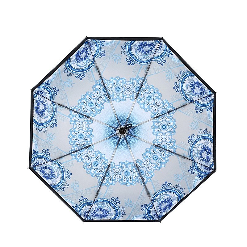 [German Kobold] Anti-UV Zero Transmittance Smart Sunscreen-Blue and White Porcelain Series-Double Sunshade Sunscreen Cooling Umbrella-Tri-fold Umbrella-Flower Porcelain - Umbrellas & Rain Gear - Other Materials 