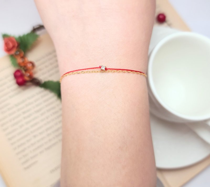 Chain rope ultra-small gold-plated 2.8mm four-claw diamond white diamond happiness line red line bracelet Yue Lao - สร้อยข้อมือ - เส้นใยสังเคราะห์ สีแดง