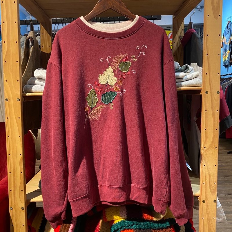 --兩光師古著--酒紅底色刺繡葉子 - 男夾克/外套 - 其他材質 紫色