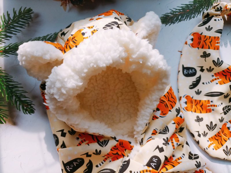 Jin Handmade tiger warm scarf hat / baby hat / bear ear scarf hat - Baby Hats & Headbands - Cotton & Hemp 