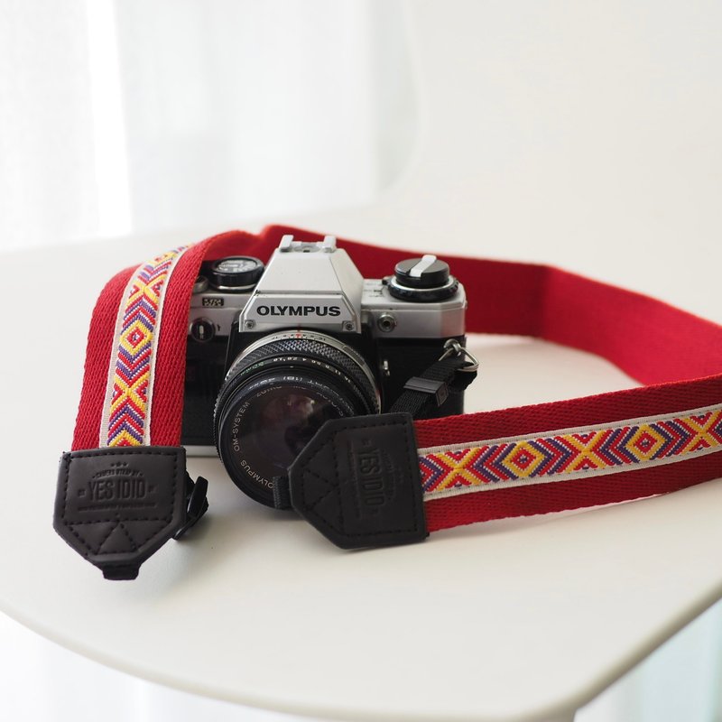 Yellow & Red Native  / LARGE  SIZE / CAMERA STRAP by YESIDID - 相機背帶 - 人造皮革 紅色