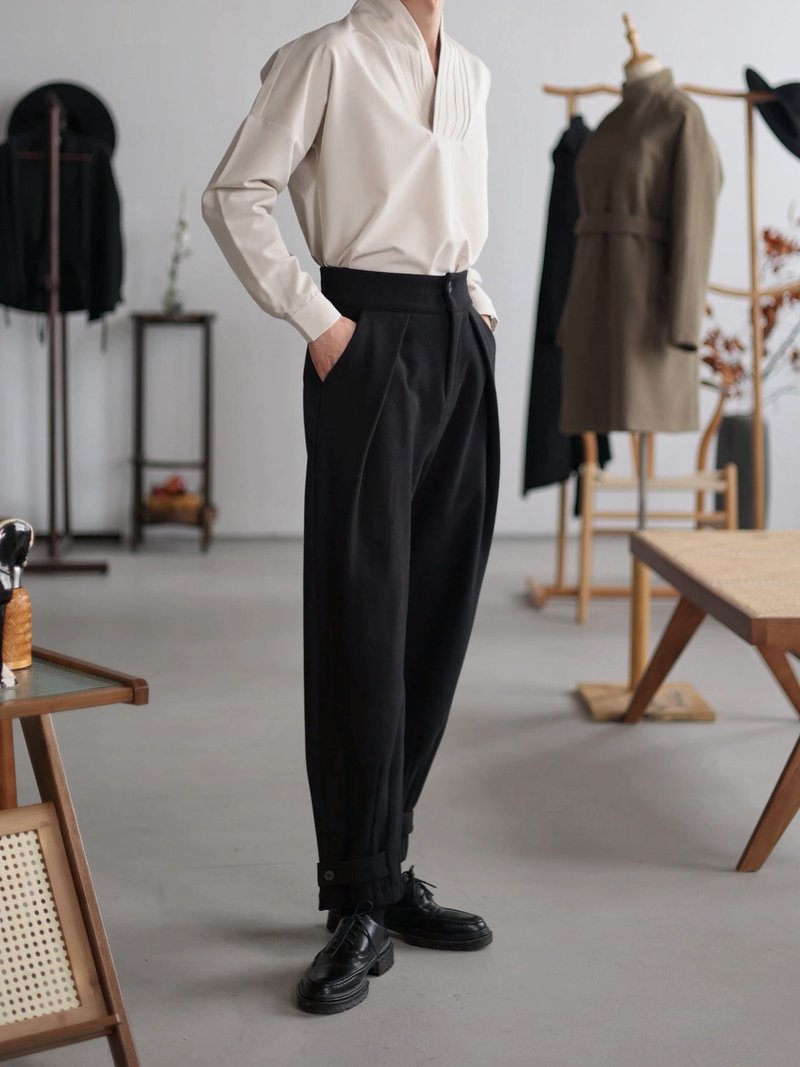 新中式國風中腰毛呢長褲 可調節腳口束腳直筒九分褲 - 男長褲/休閒褲 - 棉．麻 黑色