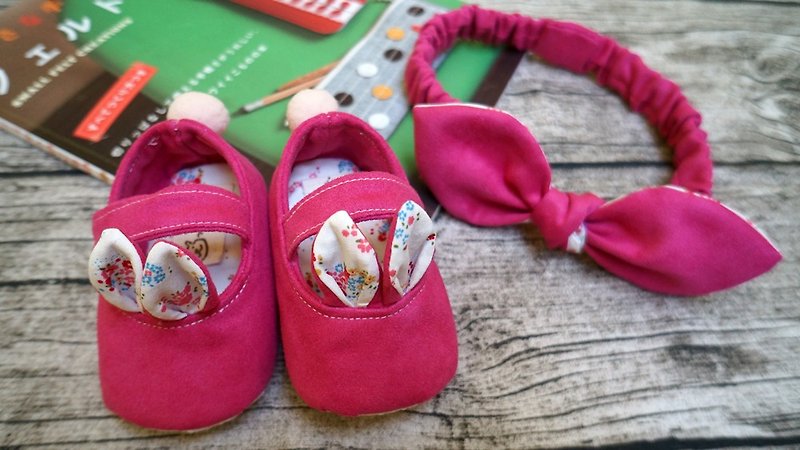 日系小白兔娃娃鞋可愛桃紅蝴蝶結髮帶嬰兒鞋學步鞋滿月彌月禮盒 - 彌月禮盒 - 其他材質 