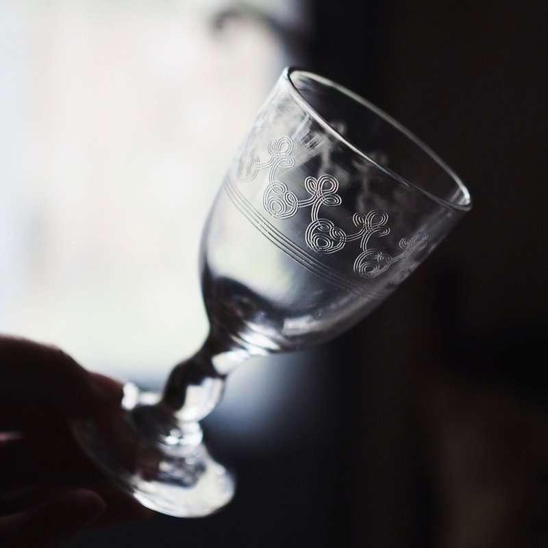 19世紀末法國古董 手工雕刻 吹製 玻璃高腳杯 (一件) - 酒杯/酒器 - 玻璃 透明