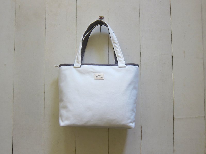 Macaron Series Canvas Medium Tote Bag (Zipper Opening)-White + Charcoal Grey - Messenger Bags & Sling Bags - Other Materials White