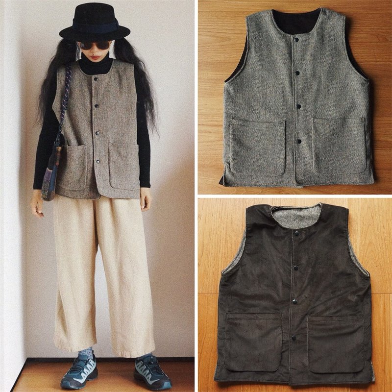 Reversible green rice camel variegated herringbone wool Brown green corduroy winter warm vest - เสื้อแจ็คเก็ต - ขนแกะ สีนำ้ตาล