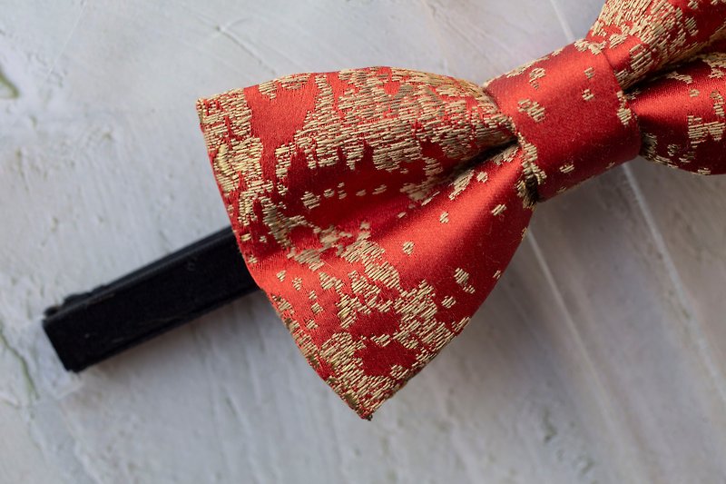 Gold and Red Brodcade Bowtie - Bridal Groom Gift & Wedding Bowtie - Bow Ties & Ascots - Cotton & Hemp Red