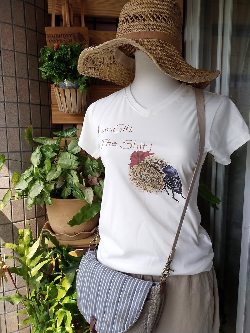 フンコロガシと愛されている100％オーガニックコットン半袖Vネック/UネックアダルトTシャツユニークな手描きスタイル