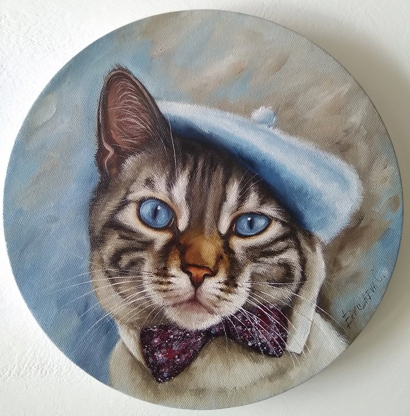其他材質 牆貼/牆身裝飾 藍色 - 戴藍色貝雷帽的貓油畫貓肖像