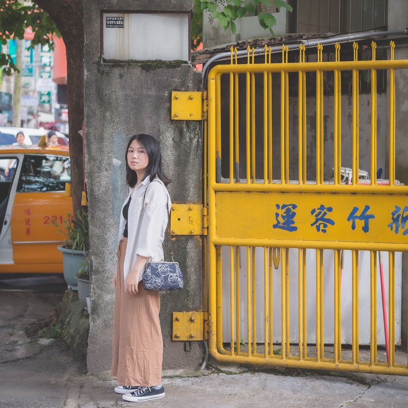 棉．麻 側背包/斜孭袋 藍色 - 【仔細看是貓咪喔】方形金屬口金包 #隨身包#古著#日式#肩包#質感