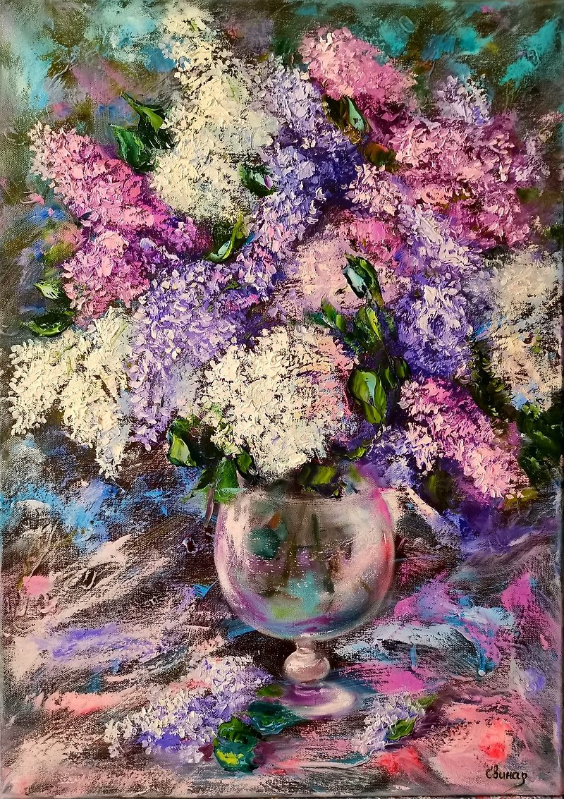 其他材質 其他 多色 - Lilac Flowers Impasto Big Oil Painting on Canvas Original Artist Svinar Oksana