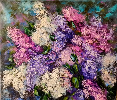 ライラックの花の厚塗り大きな油絵、キャンバス オリジナル
