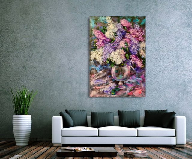 ライラックの花の厚塗り大きな油絵、キャンバス オリジナル