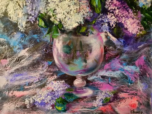 ライラックの花の厚塗り大きな油絵、キャンバス オリジナル