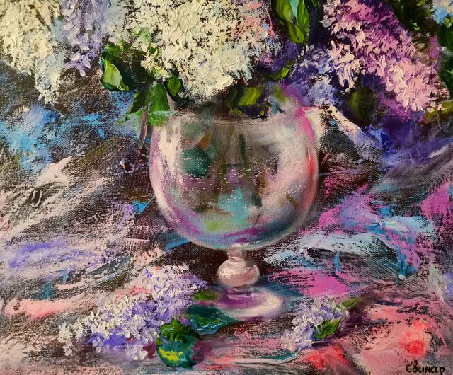 ライラックの花の厚塗り大きな油絵、キャンバス オリジナル