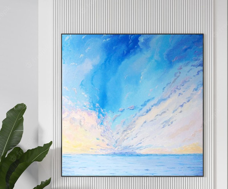 Sunset Sky Painting, Abstarct Wall Art, Seascape Oil Painting,Original Art - Wall Décor - Other Materials Blue