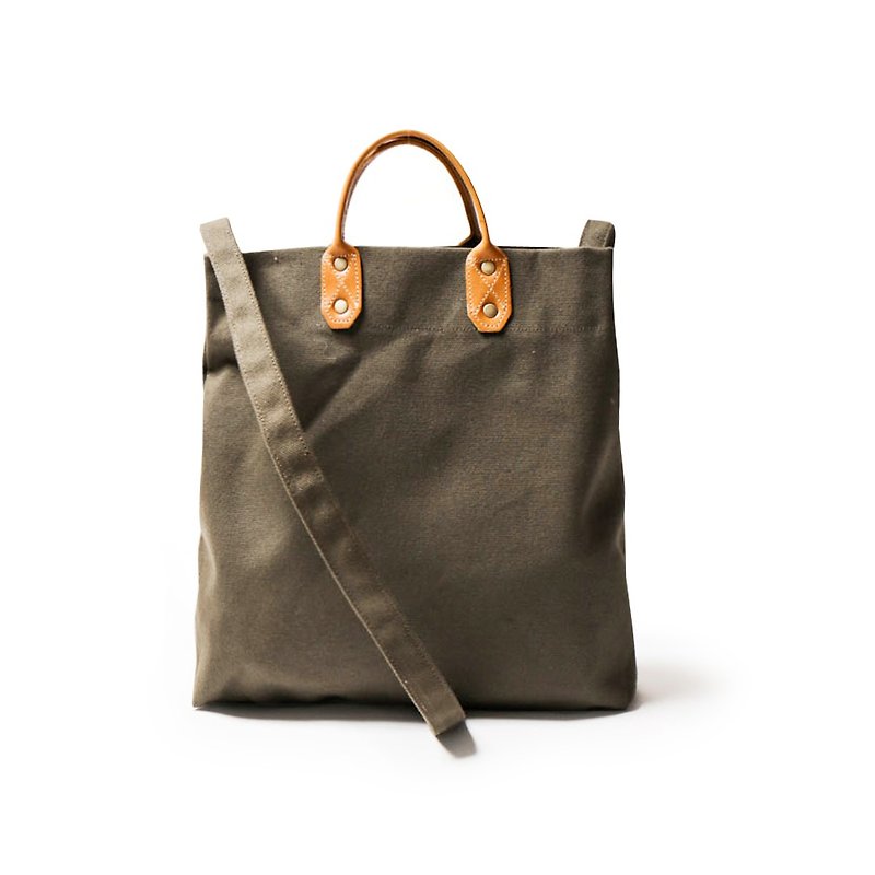 Simple leather canvas shopping bag added side straps handbags army green DG26 - Messenger Bags & Sling Bags - Cotton & Hemp 
