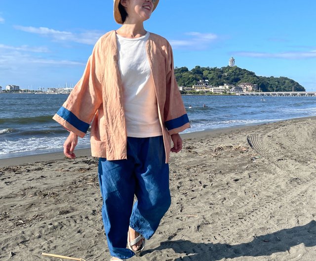 リネンのはおり   ハンドメイド シルクリネンの泥染め羽織りカーディガン 藍染め Aizome Hand