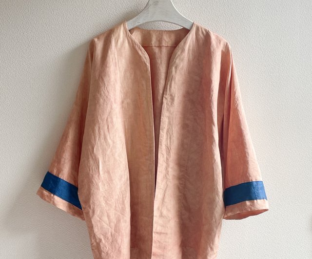 リネンのはおり   ハンドメイド シルクリネンの泥染め羽織りカーディガン 藍染め Aizome Hand