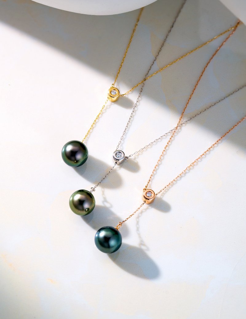 Tahitian black pearl Y-shaped adjustable 18K gold diamond necklace - สร้อยคอ - ไข่มุก 