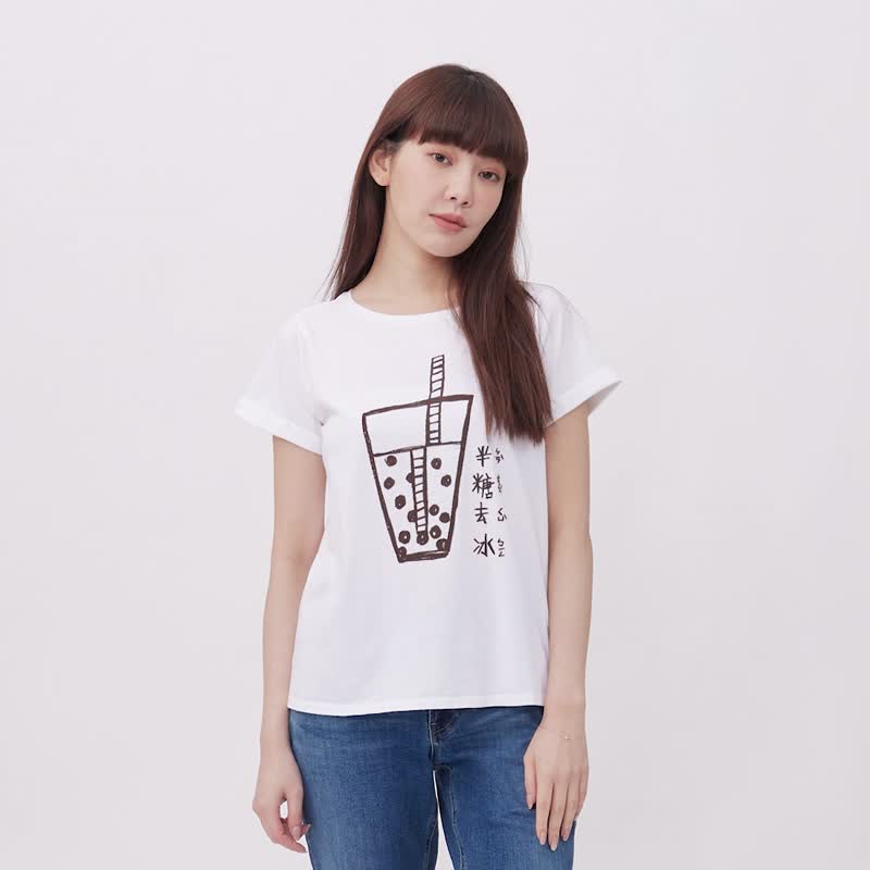 珍珠奶茶方袖寬版T恤白色 台灣特產 Bubble Tea - 女 T 恤 - 棉．麻 白色