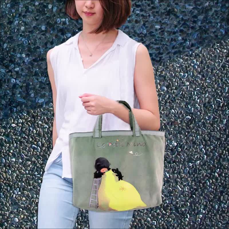 旅行收納手提袋 橫式小袋小米爬梯子款插畫托特包 選絨仿麂皮帆布 - 手提包/手提袋 - 棉．麻 多色