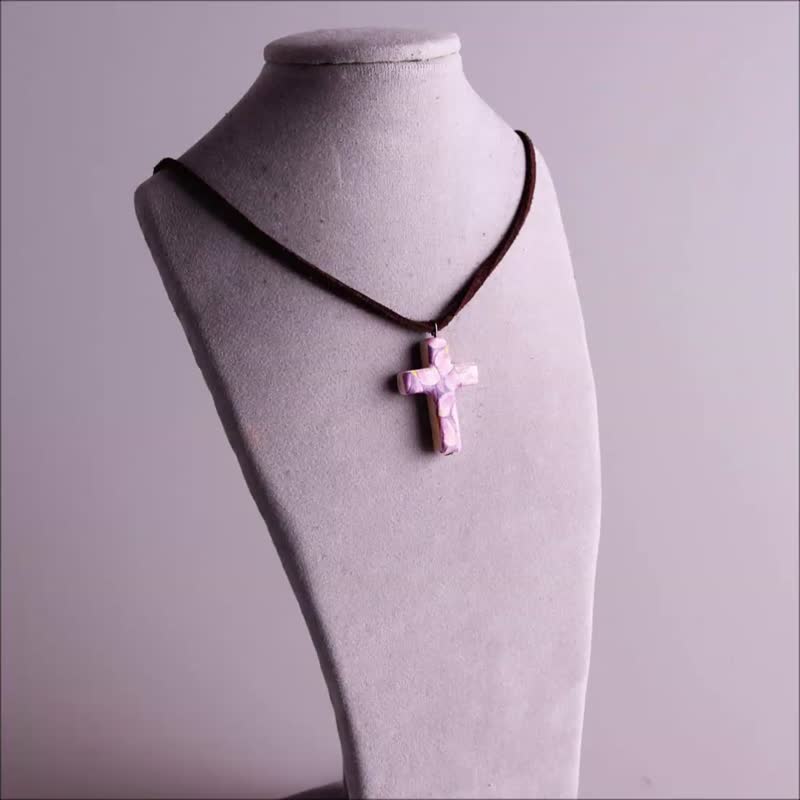 Big Cross Necklace Découpage Colored Stone D-Style Adjustable Length - สร้อยคอ - วัสดุอื่นๆ หลากหลายสี