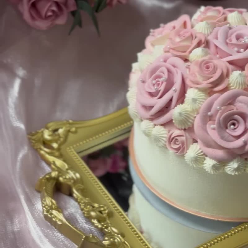【母の日ケーキ】6インチ ピンクローズ スタンダードバージョン/誕生日/花束ケーキ/5日程度でお届け - ケーキ・デザート - 食材 ピンク