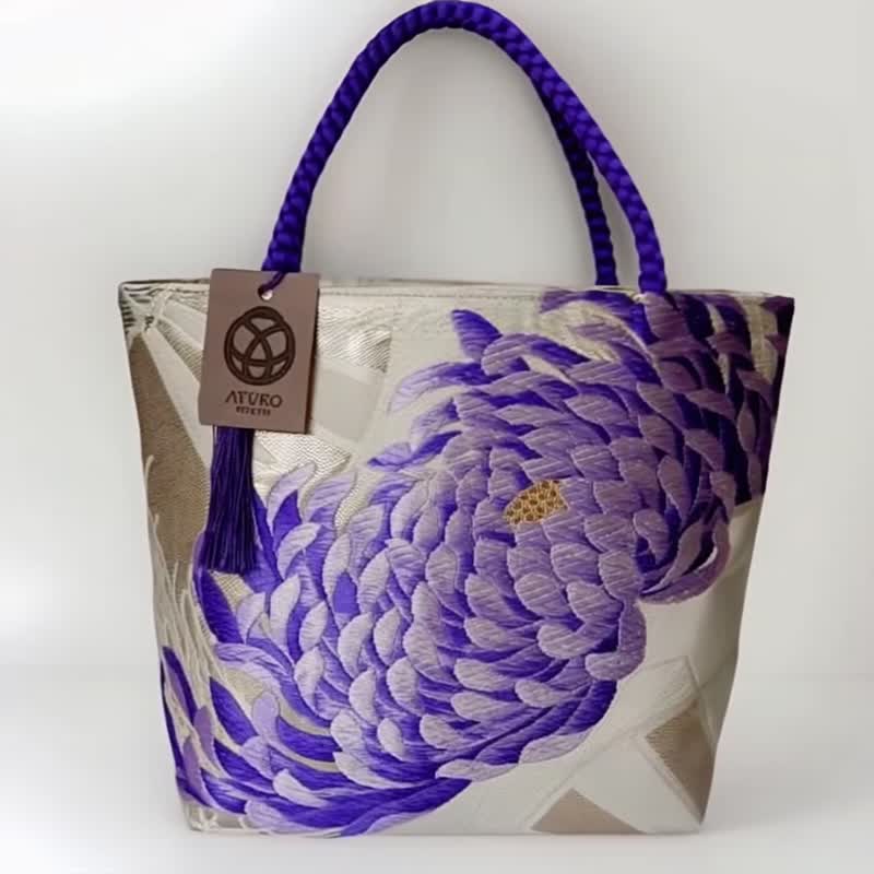 獨一無二100%絲質和服袋帶托特包 | 手工刺繡 | 日本藝術手提包 - 手提包/手提袋 - 絲．絹 紫色