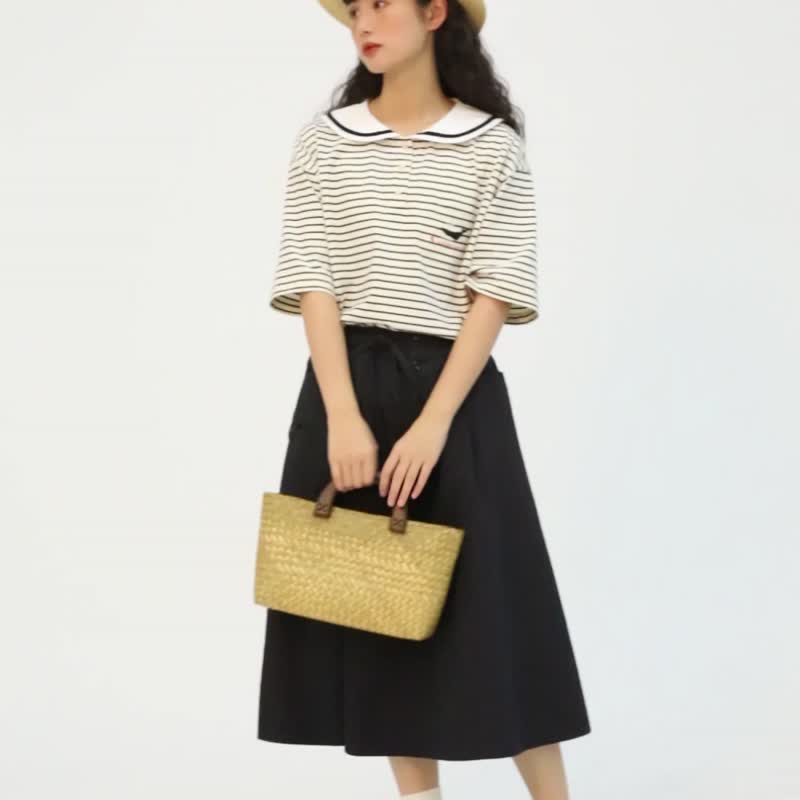 オッドメーカー日本ネイビーカラールーズポロカラーTシャツレディースストライプ七分袖カジュアルラウンドネック半袖 - Tシャツ - コットン・麻 