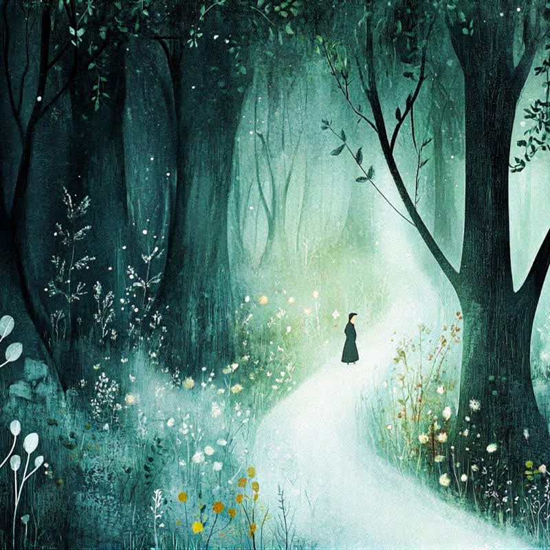 Forest Roaming 2 Fantasy Fairy Tale Illustration Dreamland Forest Night Scene Children's Room Bedroom Decoration Healing Hanging Painting - Posters - Cotton & Hemp 