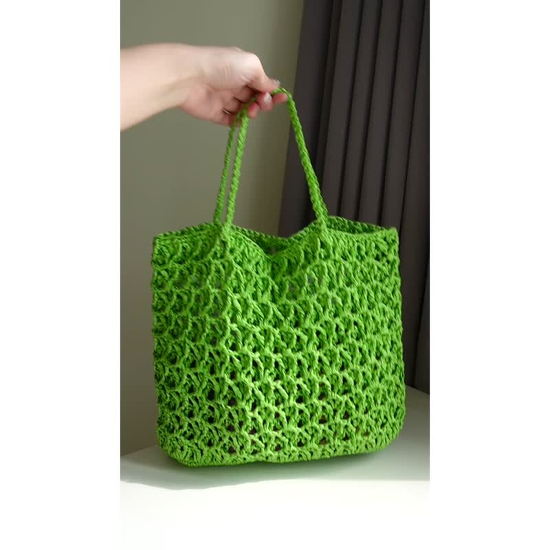 Raffia tote bag - Jade can hold 11-inch flat woven bag, crocheted commuter bag, carry-on bag - กระเป๋าถือ - ผ้าฝ้าย/ผ้าลินิน 