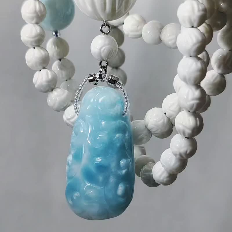 頂級拉利瑪海紋石 如意 硨磲蓮花 108手串念珠 7.5mm 單品 禮物 - 手鍊/手環 - 寶石 藍色