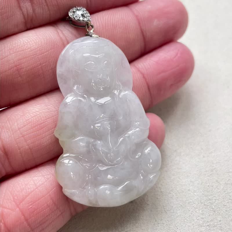 冰糯種翡翠觀音菩薩項鍊 925純銀 | 天然緬甸玉翡翠A貨 - 項鍊 - 玉石 白色